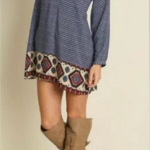 Umgee  USA Boho Chic Blue Patterned Dress tunic large